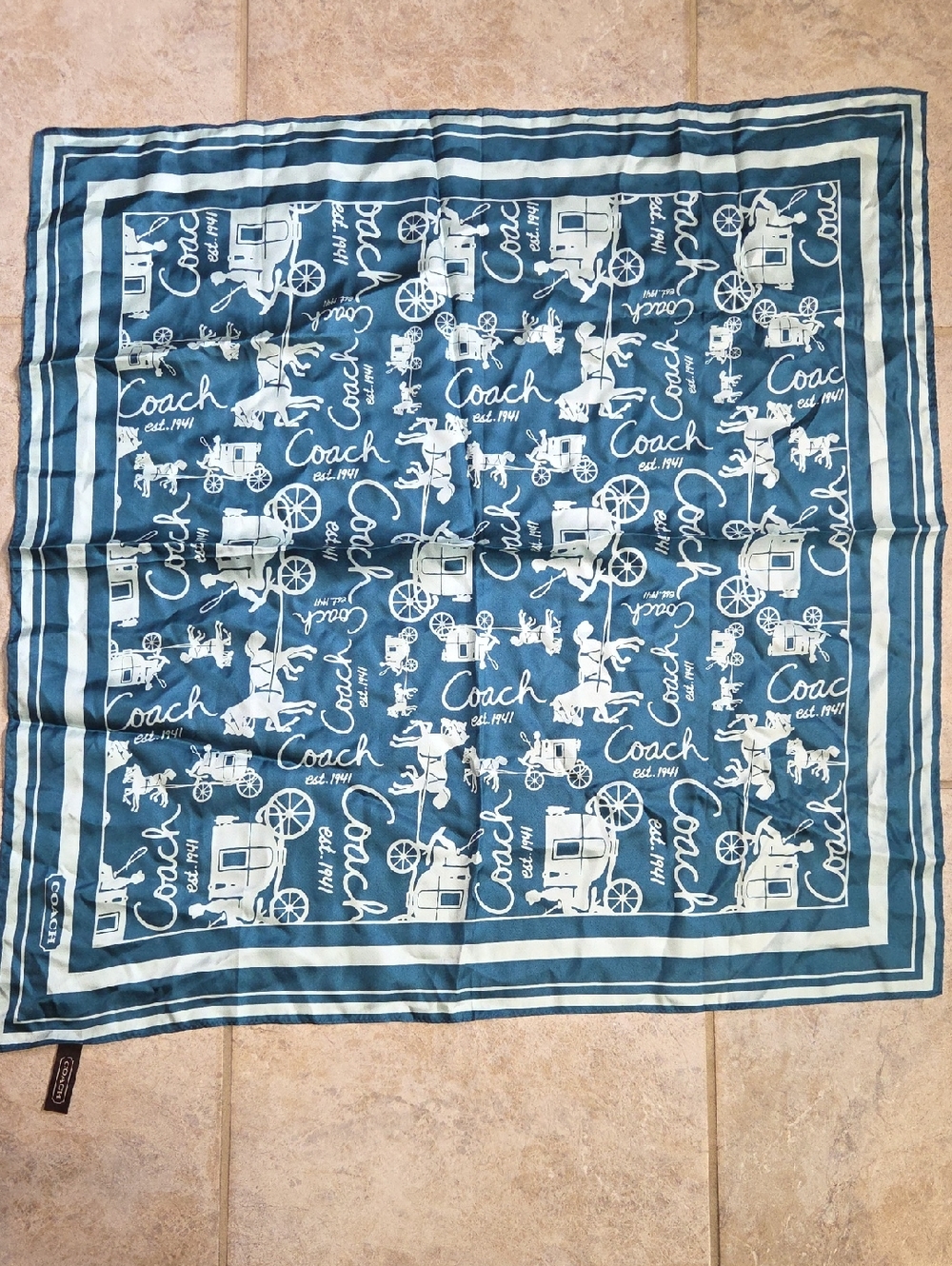 Coach Blue and Cream Carriage Logo Silk Scarf Square Brand New 27 Inch